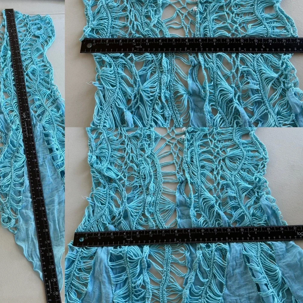 Women's Turquoise Aqua Blue Open Crochet Macrame Knit Pearl Button Beach Coverup